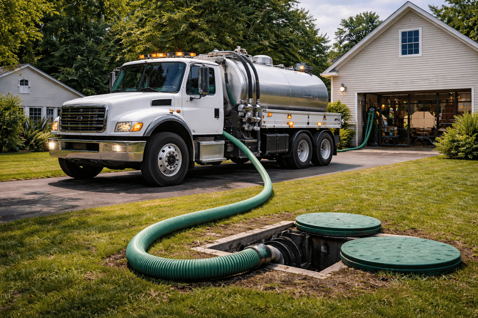 Septic Pumping Truck Connected to a Residential Septic Tank with Hose Attached