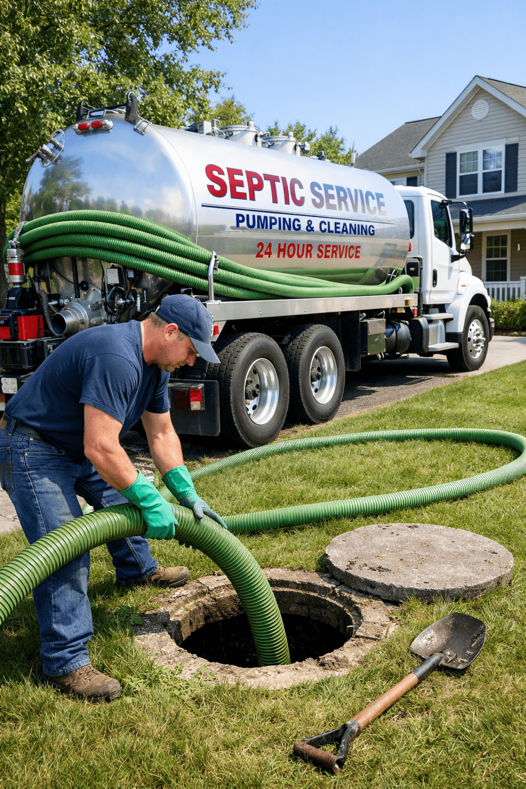 Septic Technician Pumping an Open Tank Using a Hose from a Service Truck
