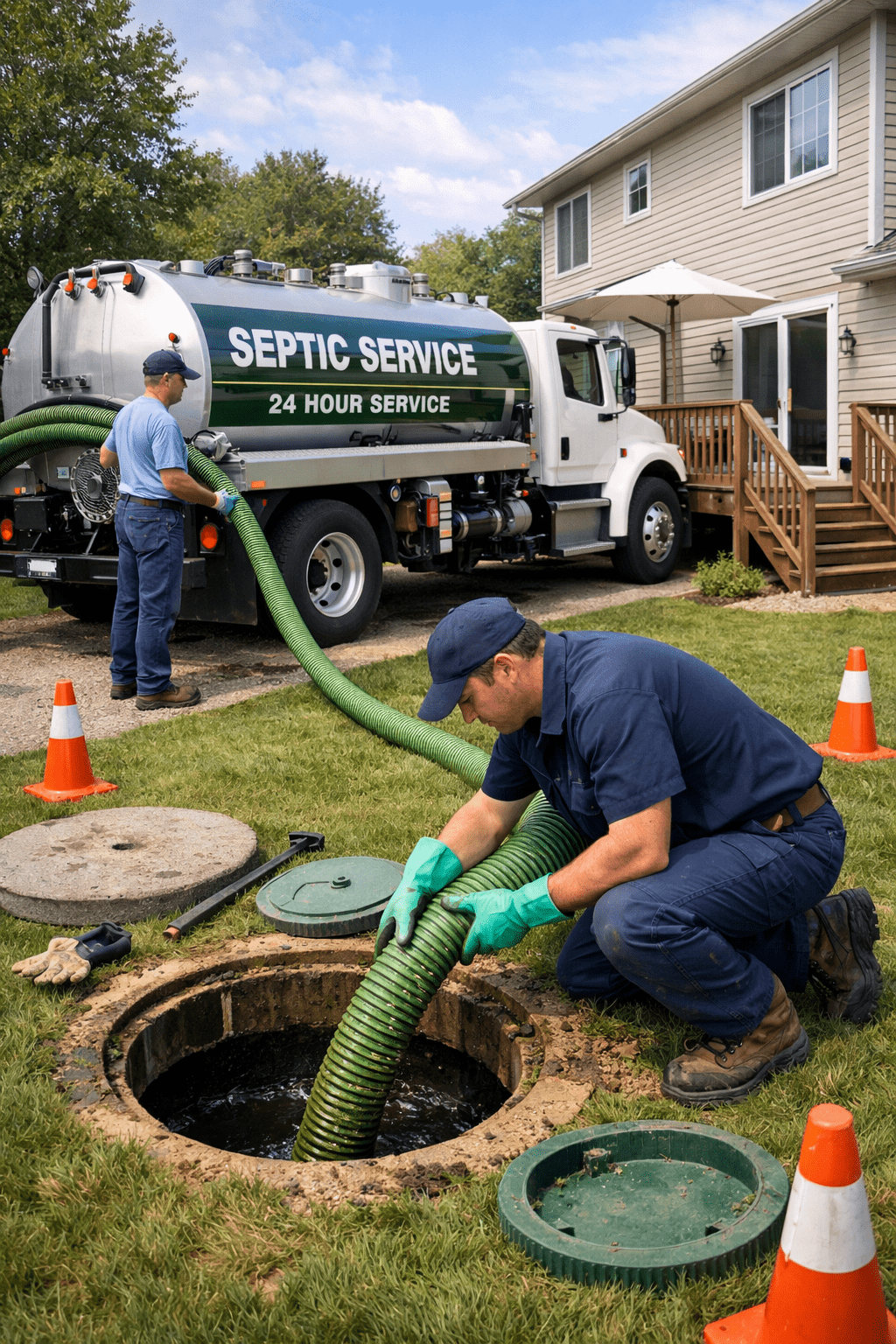 Septic Technician Performing Pumping Service Beside a Residential Septic Truck