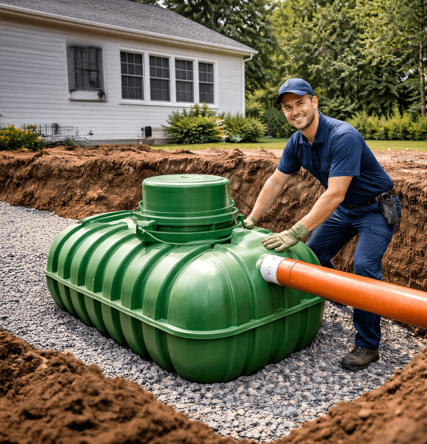 Septic Technician Installing a Green Underground Septic Tank in a Residential Yard