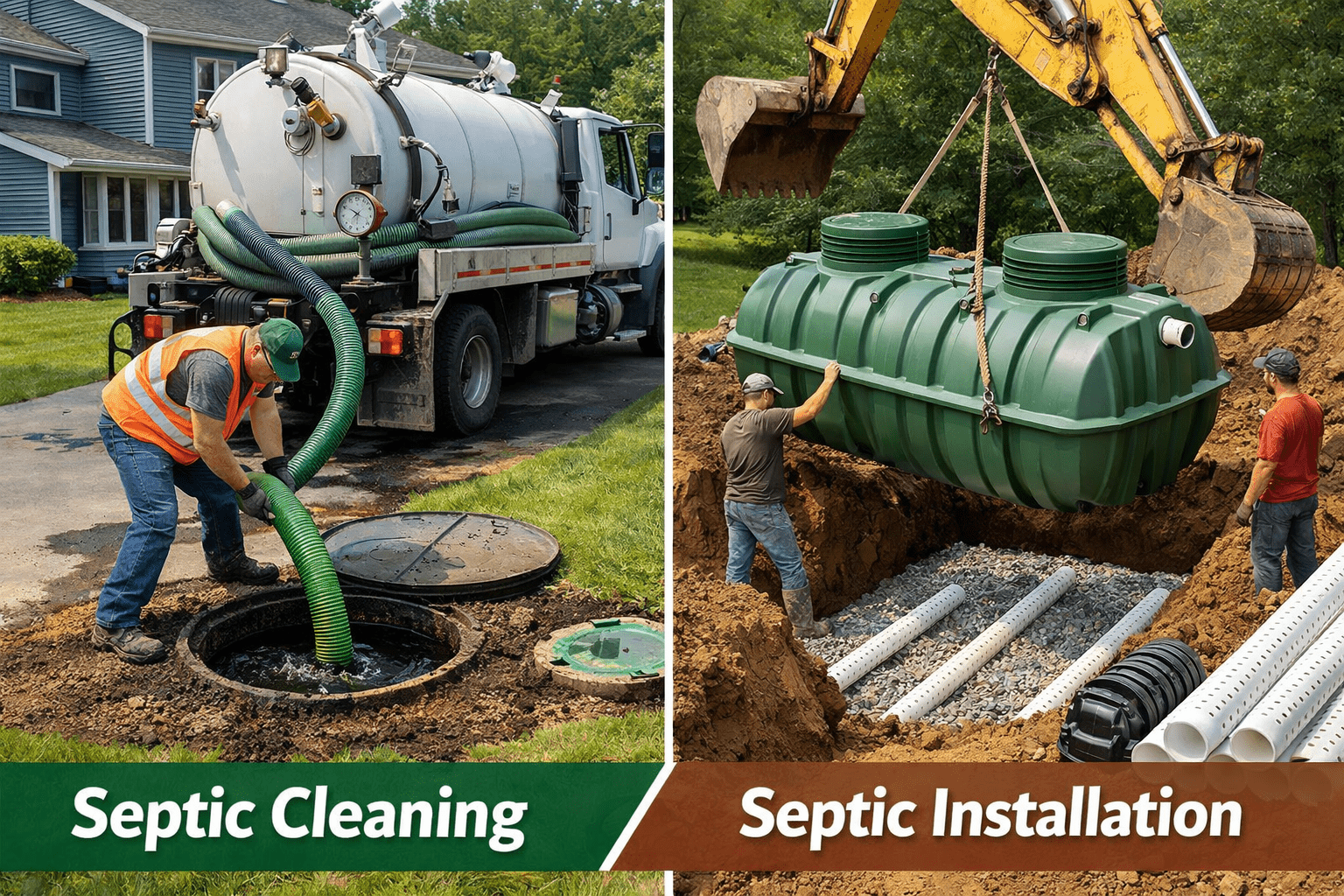 Septic Pumping Truck Servicing an Underground Septic Tank at a Residential Property