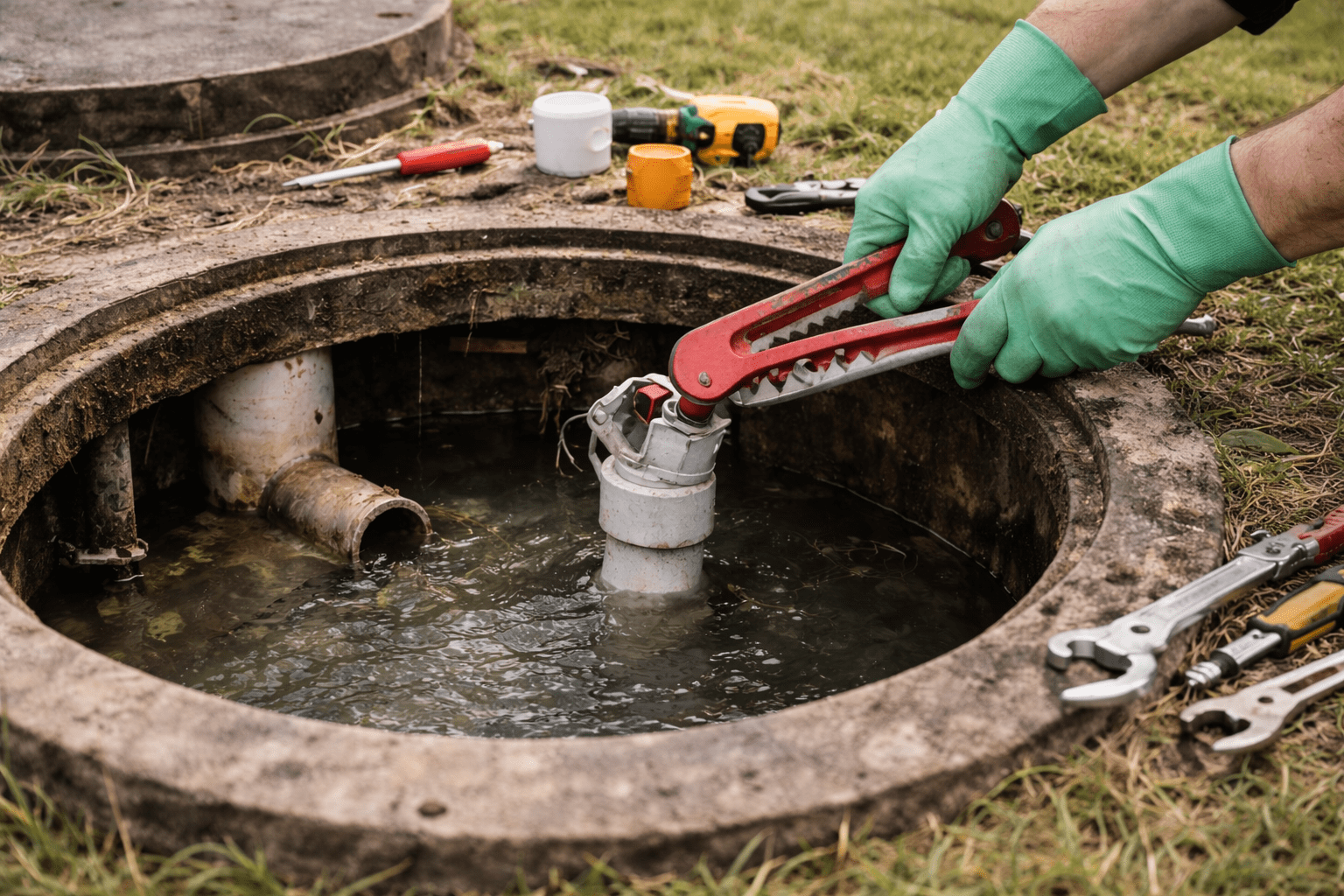 Technician Wearing Gloves Installing a Septic Component Inside an Access Opening