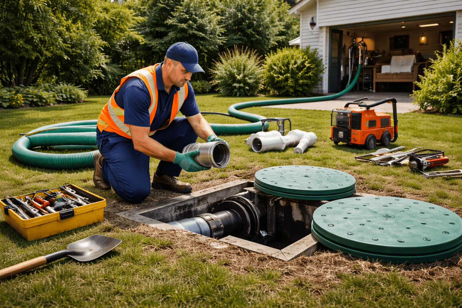 Technician Servicing an Open Septic Tank with Tools and Access Lids Nearby