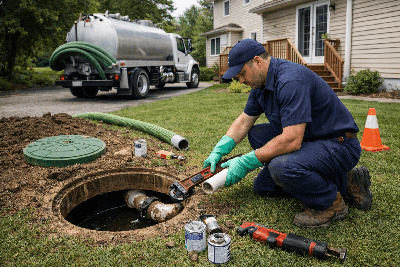 Septic Technician Cleaning an Open Septic Tank Using Professional Tools