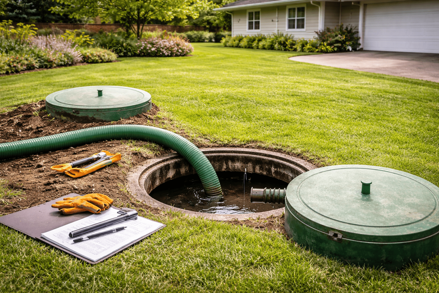 Open Septic Tank Access with Green Lids and Hoses Connected for Maintenance in a Residential Lawn