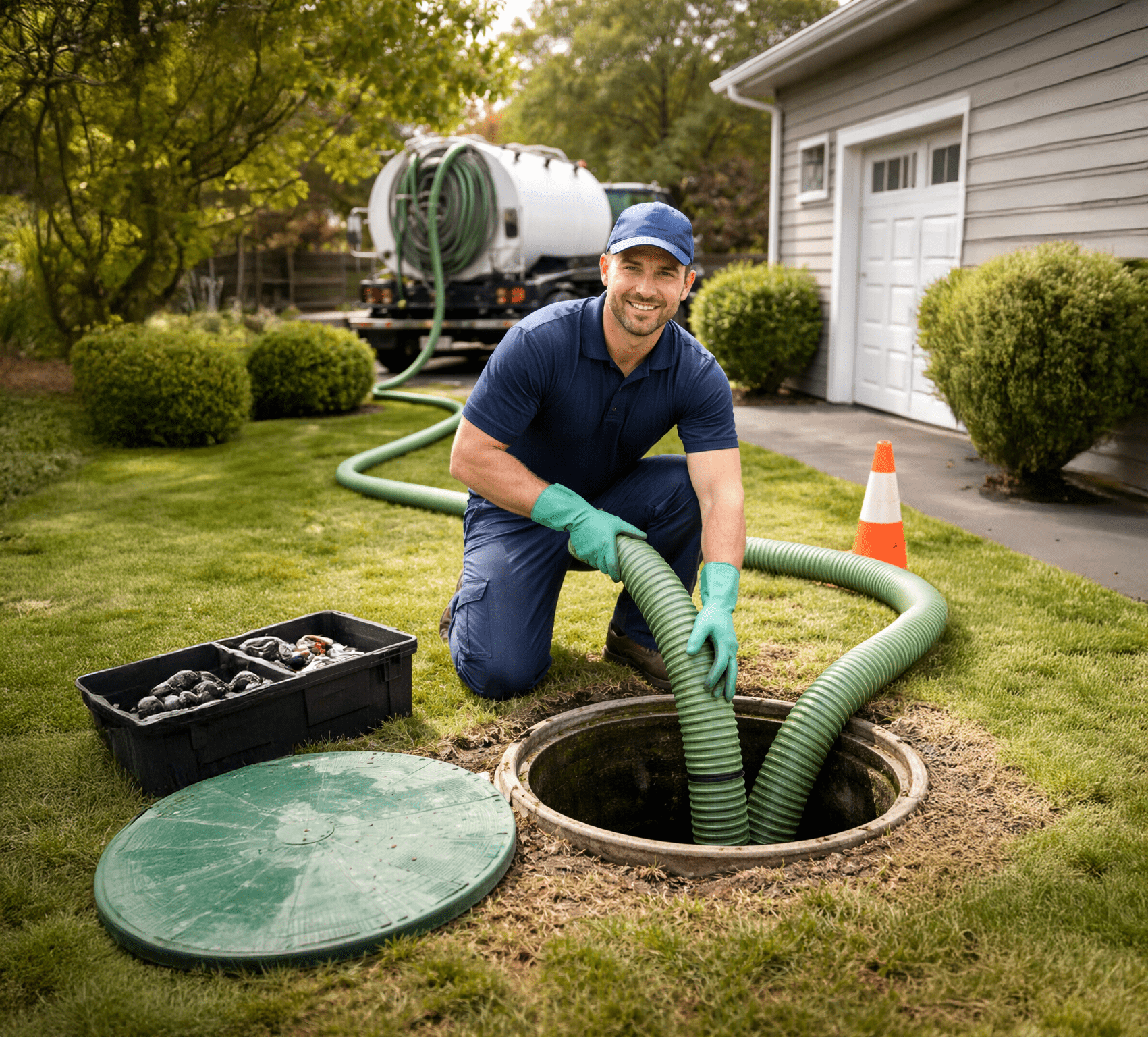Technician Inserting Hose into Open Septic Tank for Cleaning or Pumping