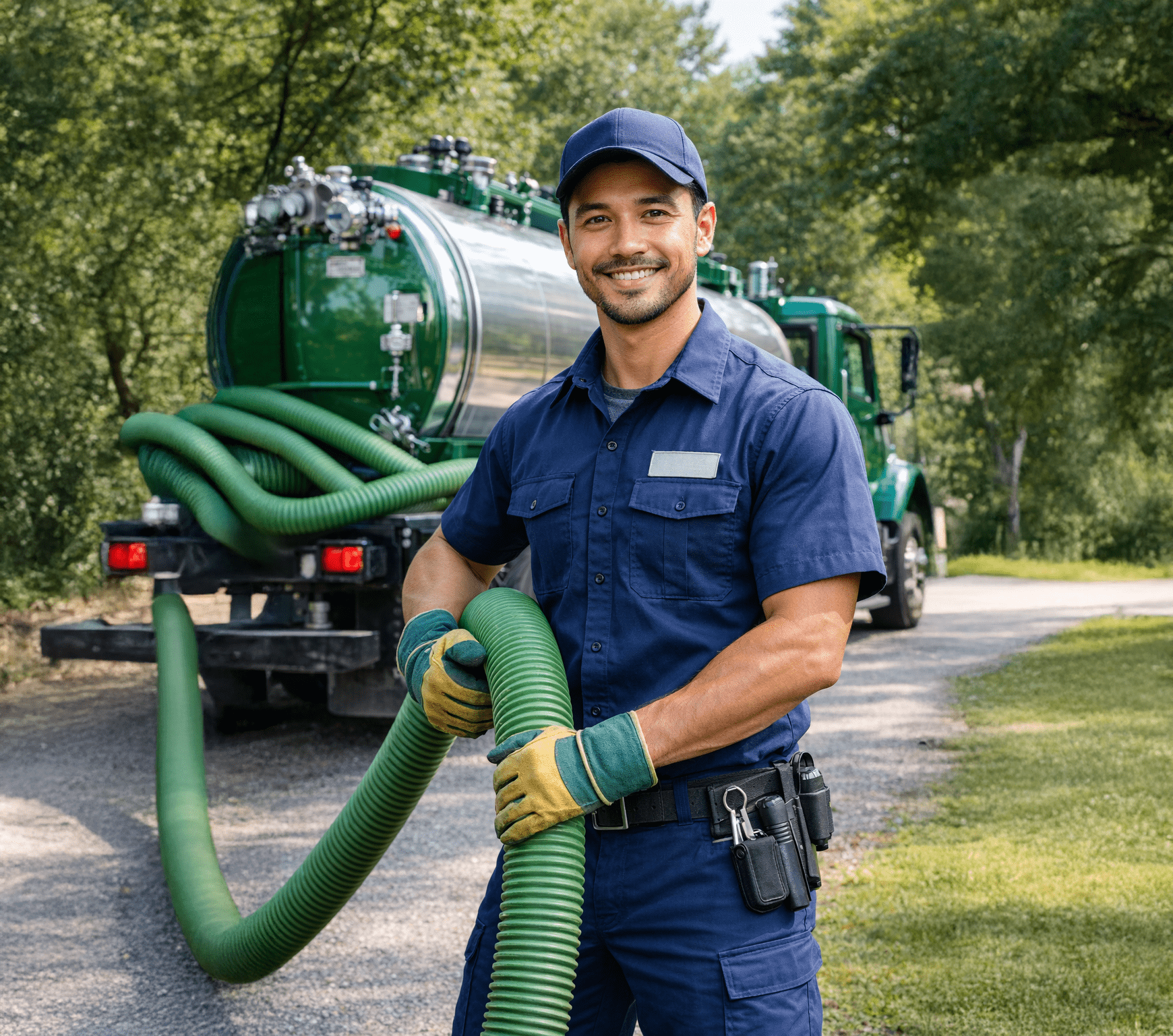 Septic Service Technician Holding a Hose During Septic Pumping Operation