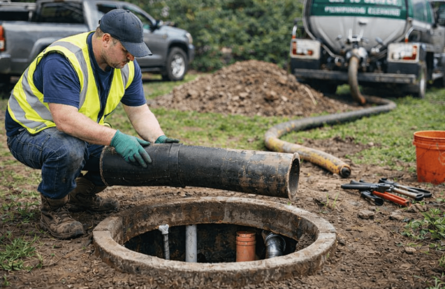 Technician Inspecting an Open Septic Tank with Protective Gear