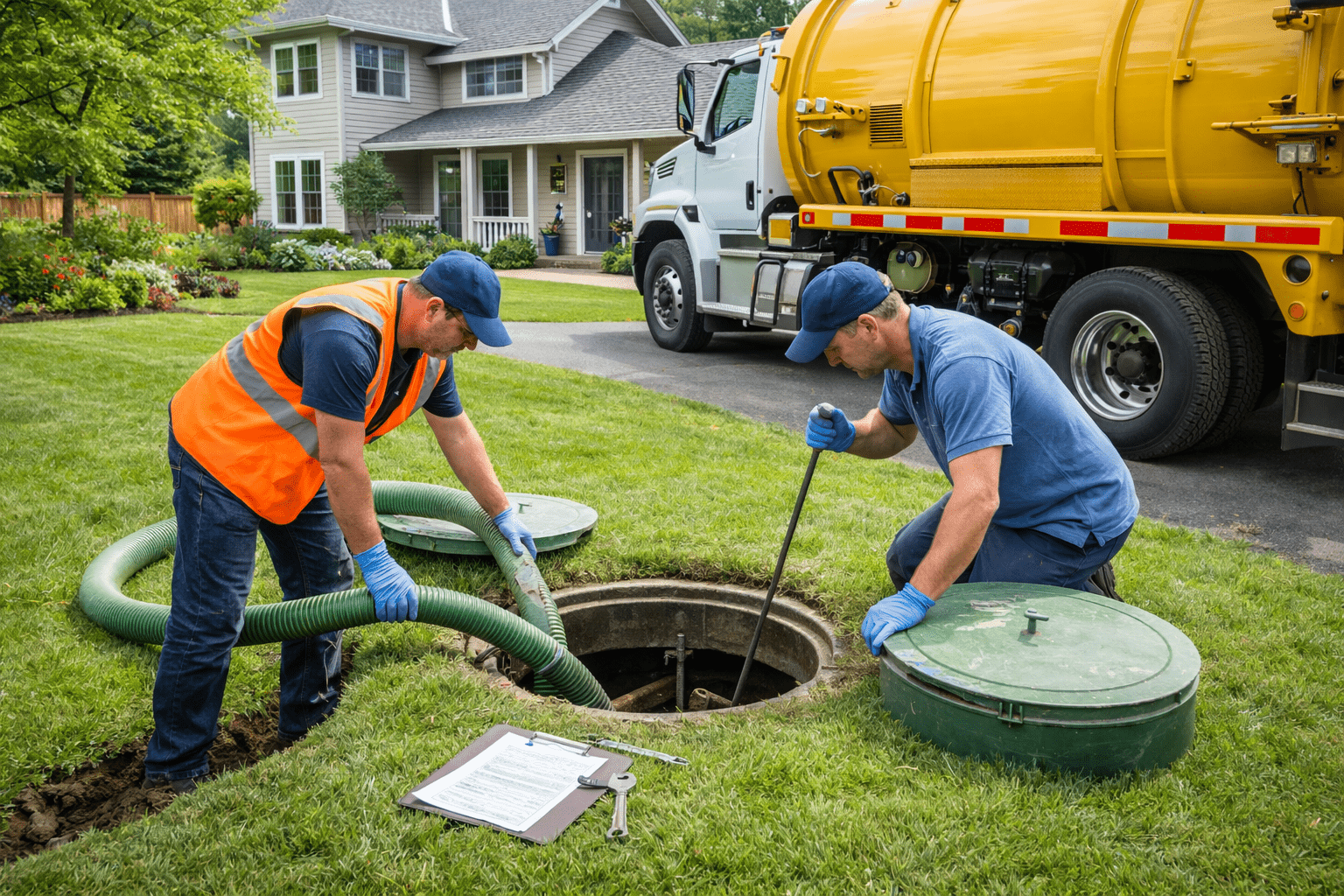Two Septic Technicians Performing Septic Pumping and Inspection with Hoses and Tools
